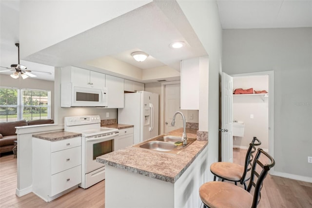 kitchen featuring white cabinetry, sink, white appliances, and kitchen peninsula