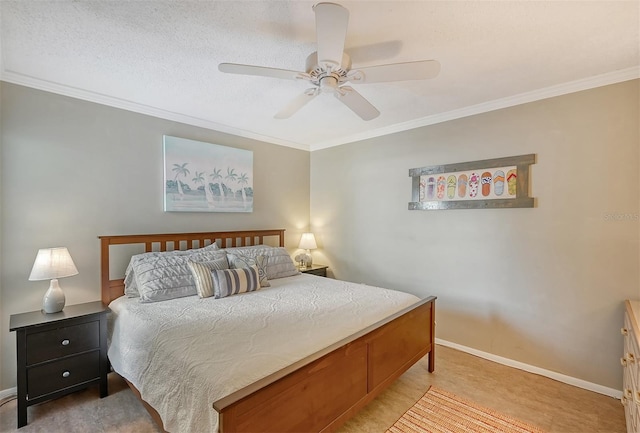 carpeted bedroom featuring crown molding and ceiling fan