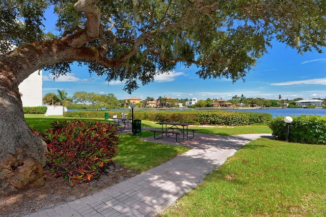 view of home's community with a yard and a water view