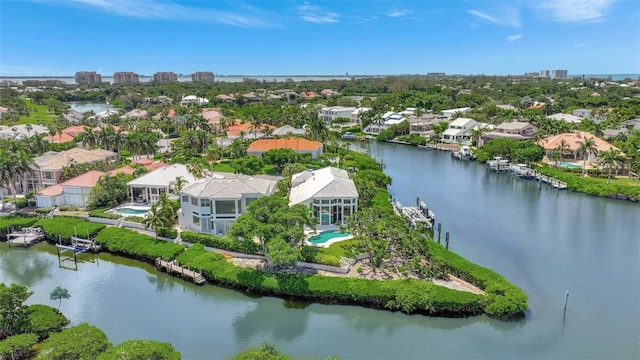 aerial view featuring a water view and a residential view