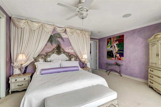 carpeted bedroom featuring crown molding and ceiling fan