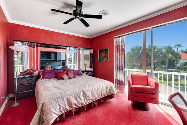 bedroom with ornamental molding, carpet floors, and ceiling fan