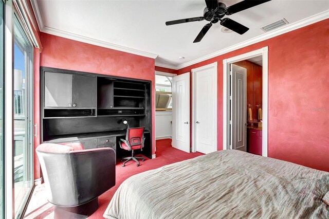 bedroom featuring crown molding, multiple windows, and ceiling fan