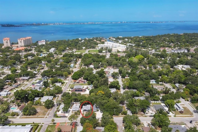 drone / aerial view featuring a water view