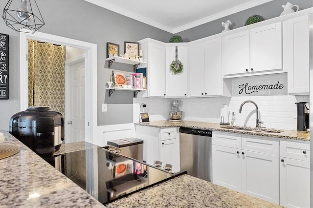 kitchen with dishwasher, sink, decorative light fixtures, white cabinets, and ornamental molding