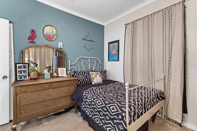 bedroom with crown molding and light colored carpet