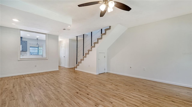 unfurnished living room with light hardwood / wood-style floors and ceiling fan