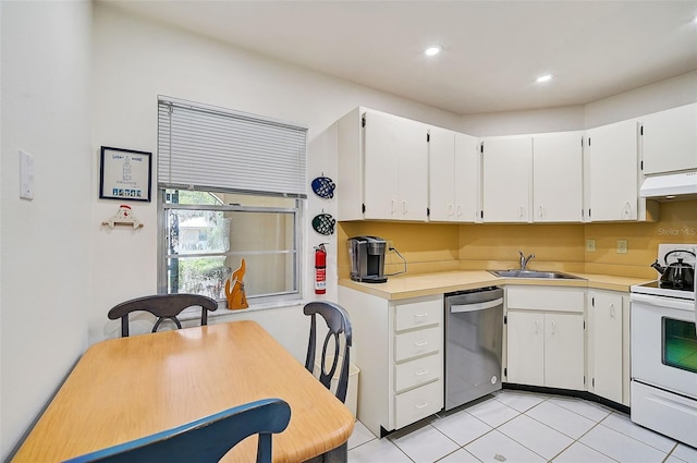 kitchen with premium range hood, sink, stainless steel dishwasher, white electric range oven, and white cabinetry