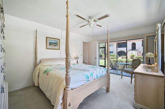 bedroom with light carpet, access to outside, and ceiling fan