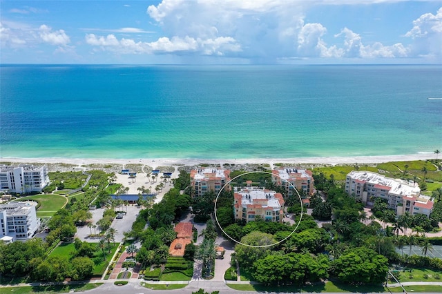 aerial view with a water view and a view of the beach