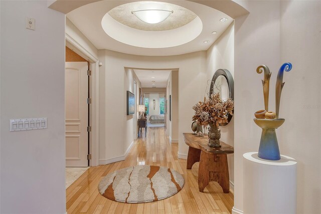 hallway featuring hardwood / wood-style floors and a raised ceiling