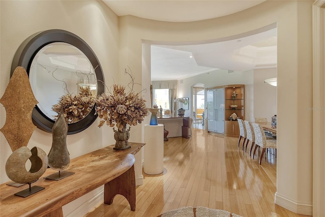 hallway featuring crown molding and light hardwood / wood-style flooring