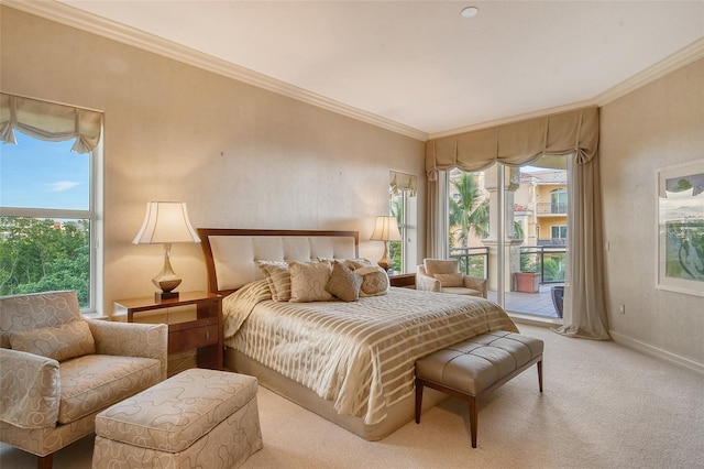 bedroom featuring multiple windows, crown molding, light colored carpet, and access to exterior