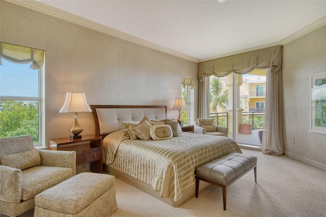 carpeted bedroom with multiple windows, ornamental molding, and access to exterior