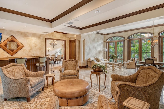 living room featuring crown molding, french doors, light tile patterned floors, and ornate columns