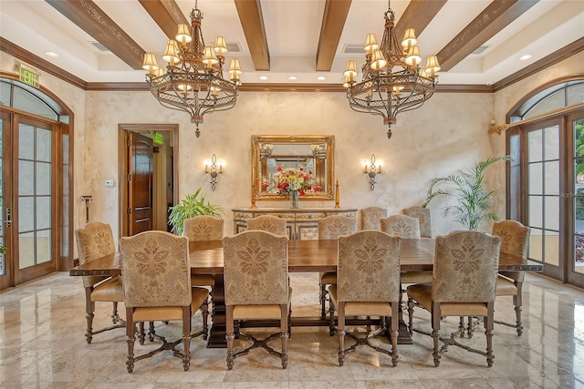 dining space with beam ceiling, ornamental molding, an inviting chandelier, and french doors