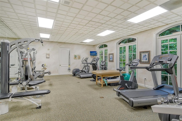 workout area featuring a paneled ceiling and carpet flooring