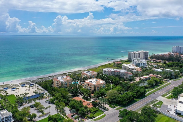 drone / aerial view with a water view and a view of the beach