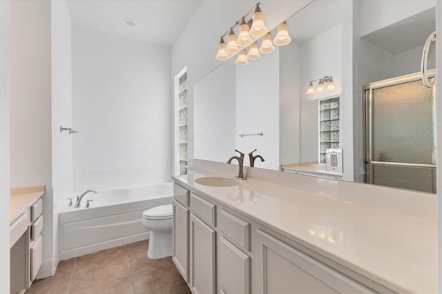 full bathroom with tile patterned flooring, a chandelier, toilet, vanity, and independent shower and bath