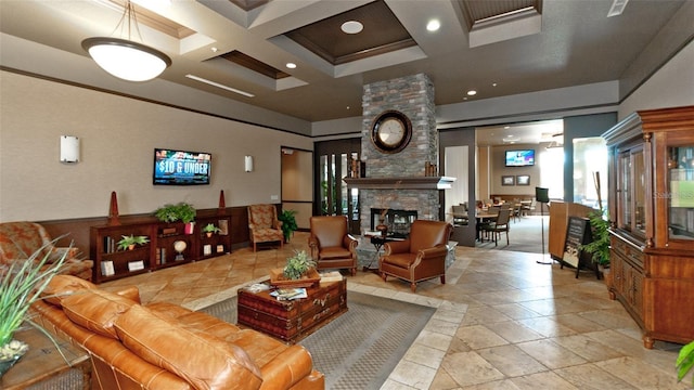 living room with a fireplace, beamed ceiling, and coffered ceiling