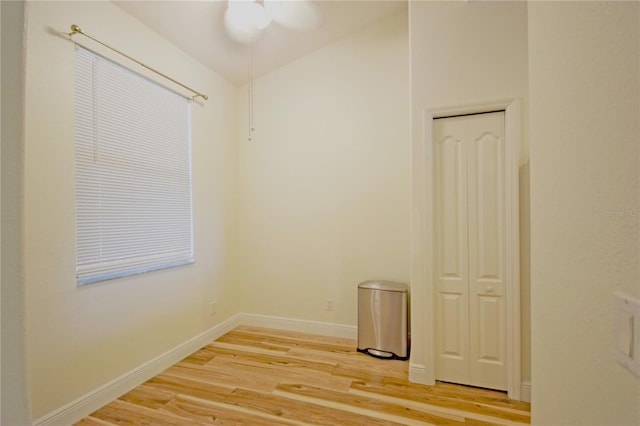 unfurnished room with ceiling fan and light hardwood / wood-style flooring