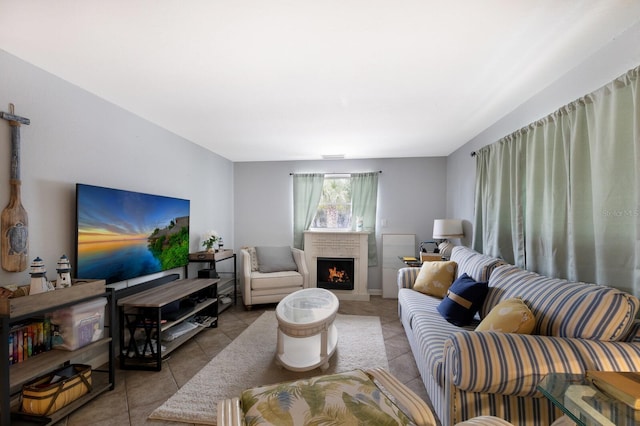 living room with light tile patterned flooring