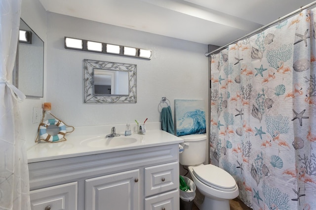 bathroom featuring vanity, toilet, and curtained shower