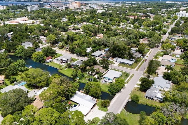 drone / aerial view featuring a water view