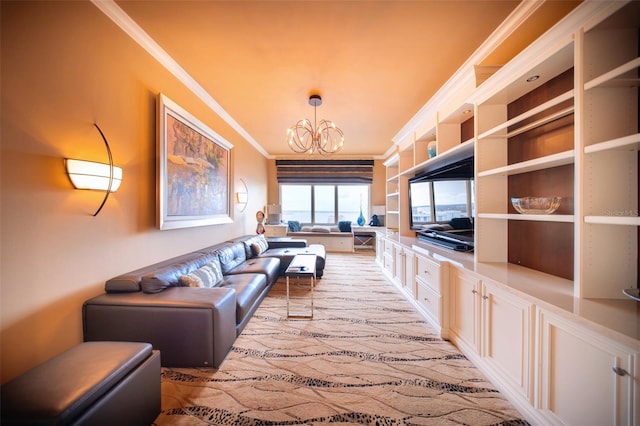 carpeted living room featuring ornamental molding, built in features, and a notable chandelier