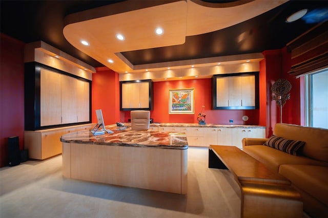 carpeted cinema room featuring a tray ceiling