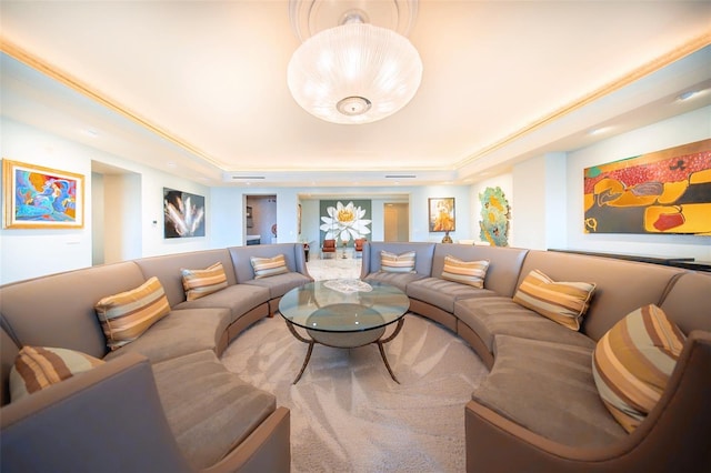 living room with a tray ceiling