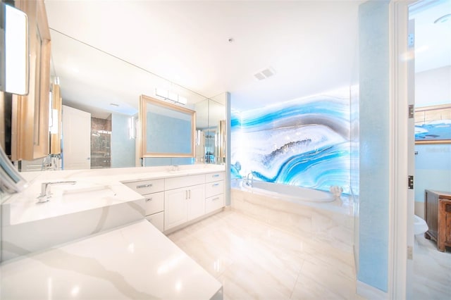 bathroom featuring vanity and a shower with door