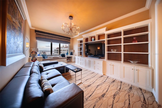 living room featuring a notable chandelier and crown molding