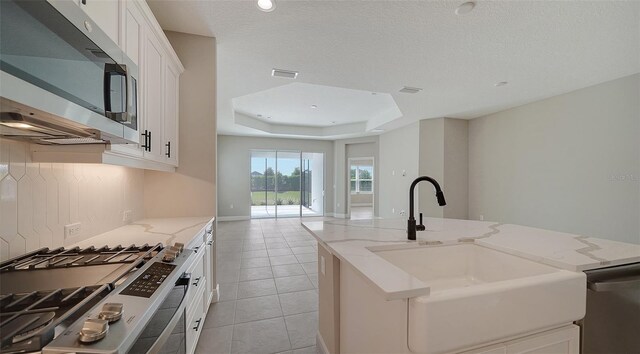 kitchen featuring a tray ceiling, stainless steel appliances, a center island with sink, and white cabinets