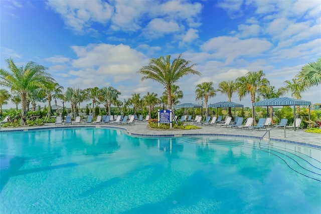 view of swimming pool featuring a patio