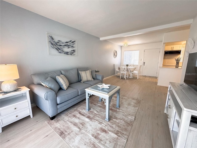 living room with light wood-type flooring and baseboards