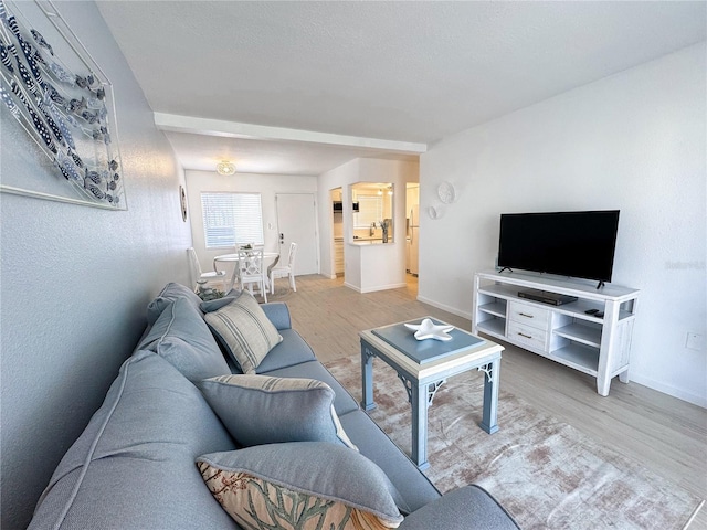 living room featuring baseboards, a textured ceiling, and light wood finished floors