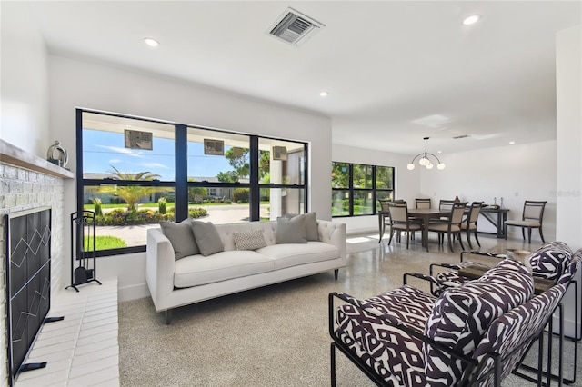 living room featuring a chandelier