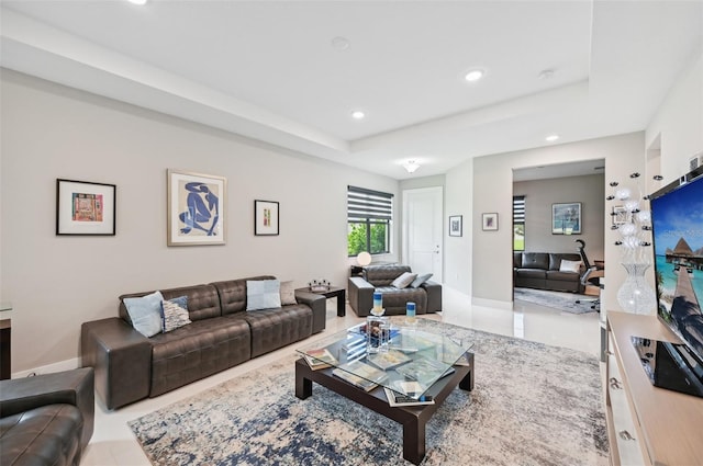 living room featuring a raised ceiling