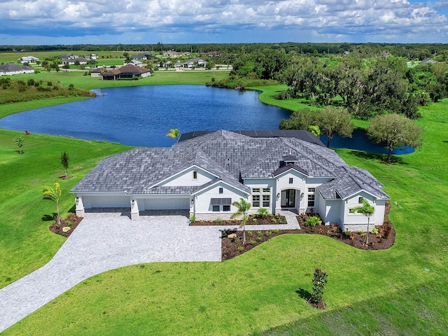 aerial view featuring a water view