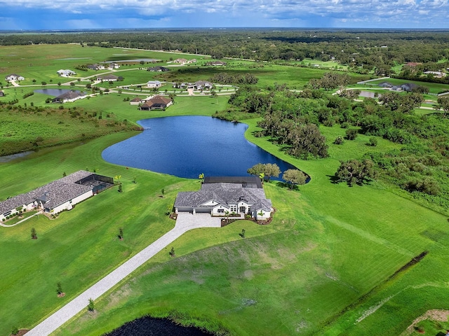 drone / aerial view with a rural view and a water view