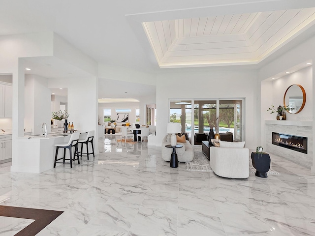 living room with sink and a high ceiling