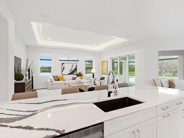 kitchen featuring white cabinets, light stone countertops, sink, and a tray ceiling