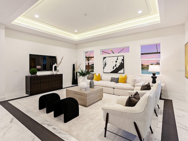 living room with a tray ceiling