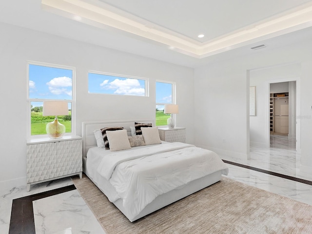 bedroom featuring a raised ceiling, a walk in closet, built in refrigerator, and multiple windows