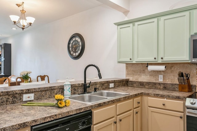 kitchen with range, an inviting chandelier, black dishwasher, decorative light fixtures, and sink