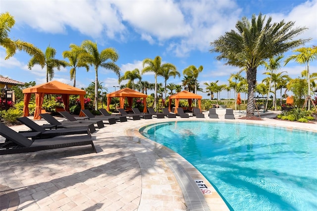 view of swimming pool featuring a gazebo