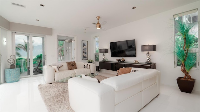 living room featuring ceiling fan