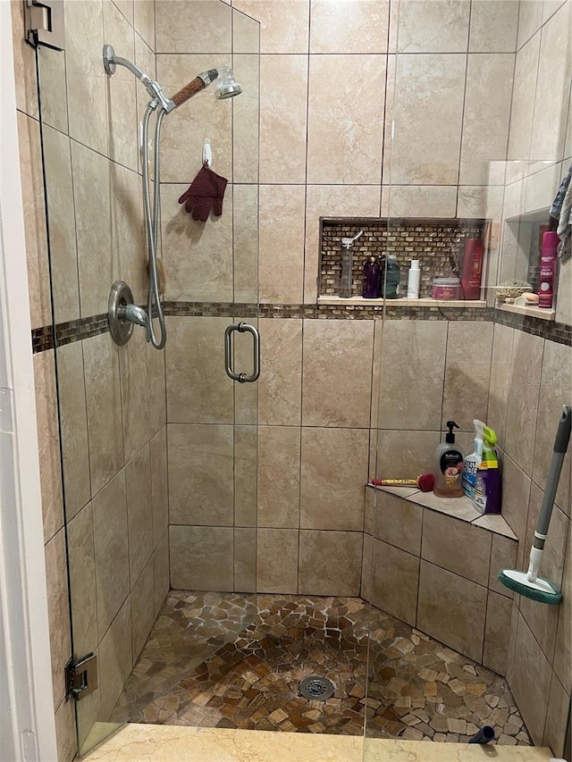 bathroom with a shower with shower door