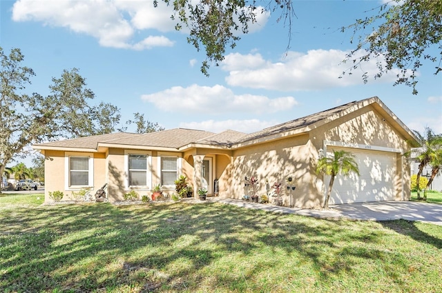 ranch-style home featuring a front lawn and a garage